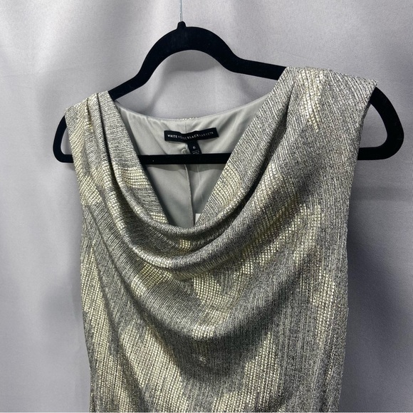 NWT White House Black Market Gray Gold Metallic Drape Neck Shine Dress Size 6 - Picture 3 of 10